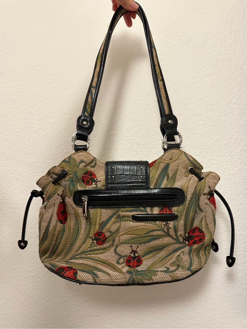 Vintage Ladybug Embroidered Canvas Shoulder Bag Silver Hardware - Picture 2 of 14